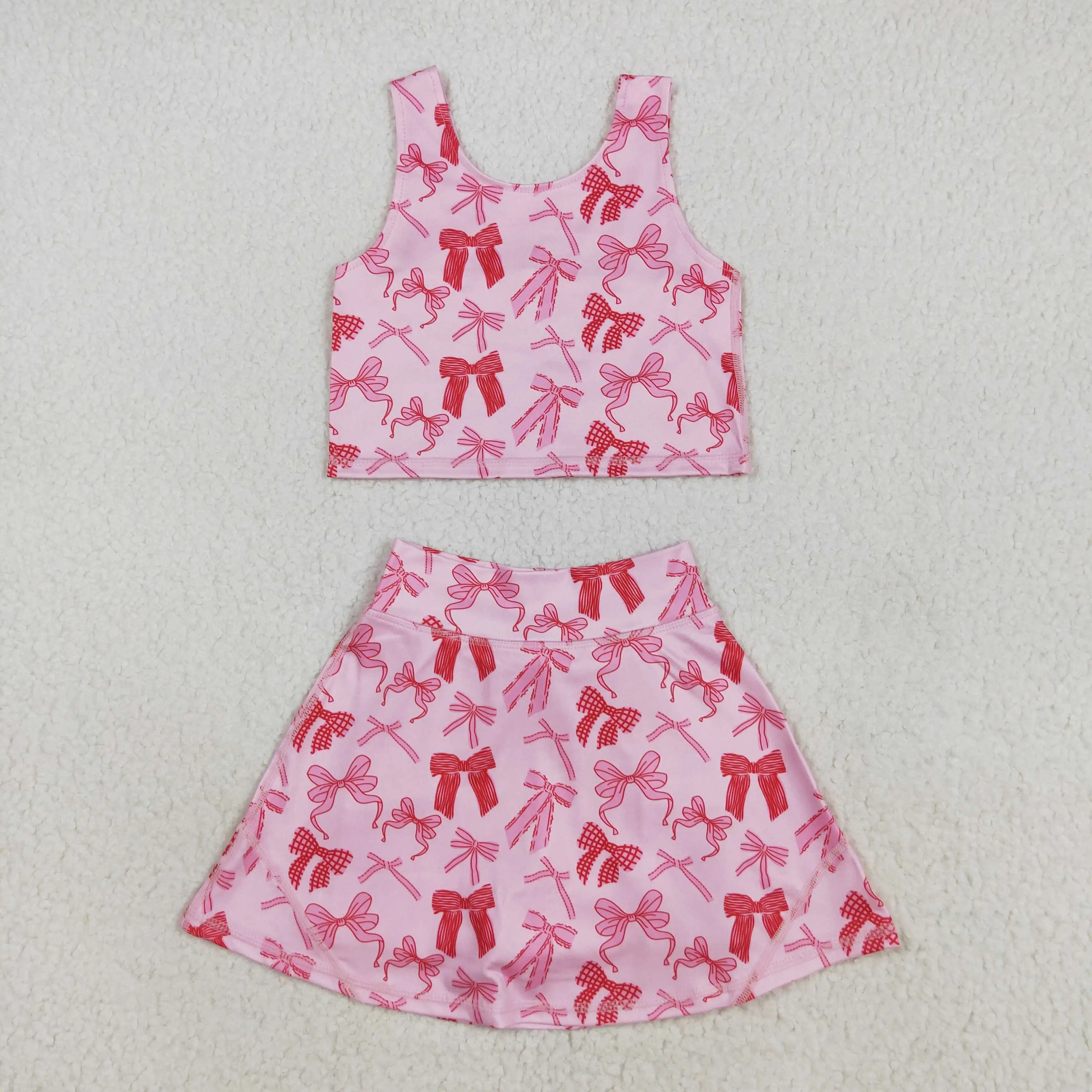 

Baby Girls Sleeveless Pink Bows Top Skorts Yoga Sets Kids Activewear Set with Bow Detail Pink Bow Top And Skirt