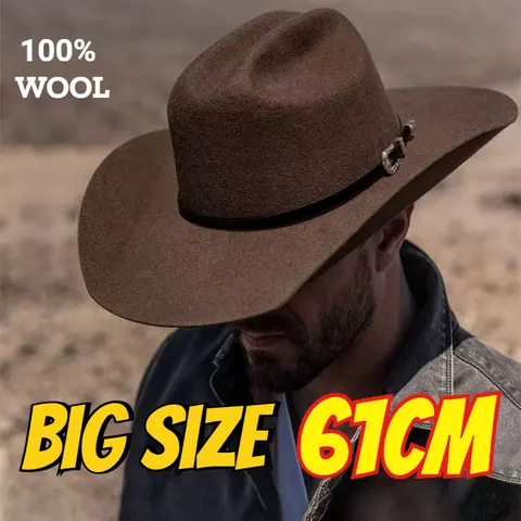 2026 Autumn Winter Warm 100% Wool Fedoras Big Size 61cm Vintage Wide Brim Felt Cowboy Hat with Belt Buckle S-XL Fashion Jazz Cap