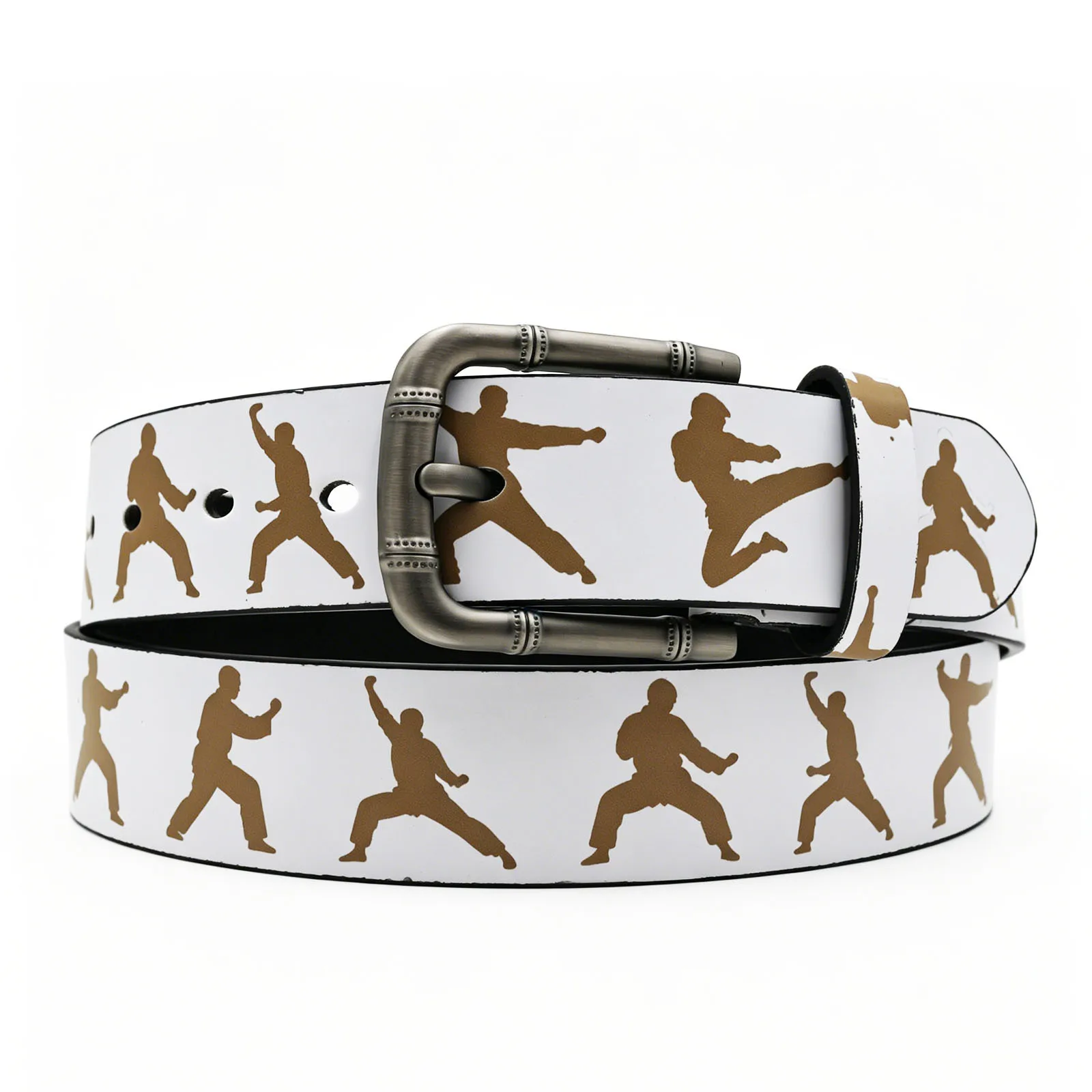 Fashion Retro Kung Fu Martial Arts Silhouette Print White Waist Belt with Metal Pin Buckle Unisex Streetwear Casual Waistband