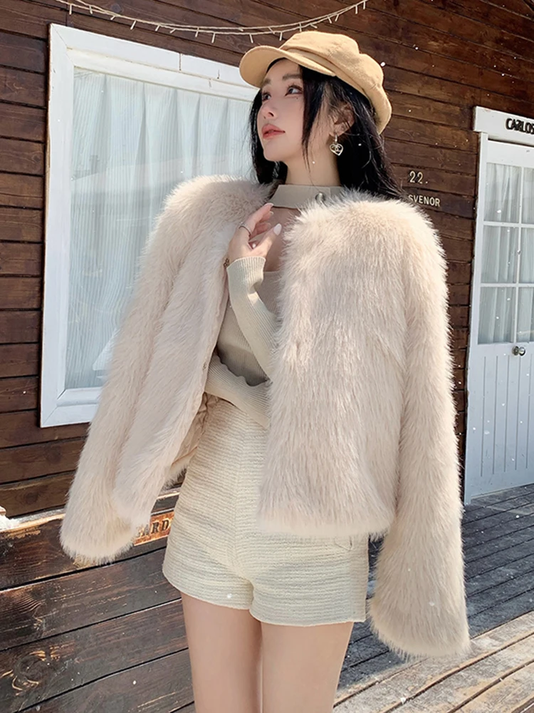 Jmprs Fashion Women Faux Fox Coat Winter Warm Long Sleeve Korean Jackets Chic Casual Design Female Elegant Sweet Outwear Tops