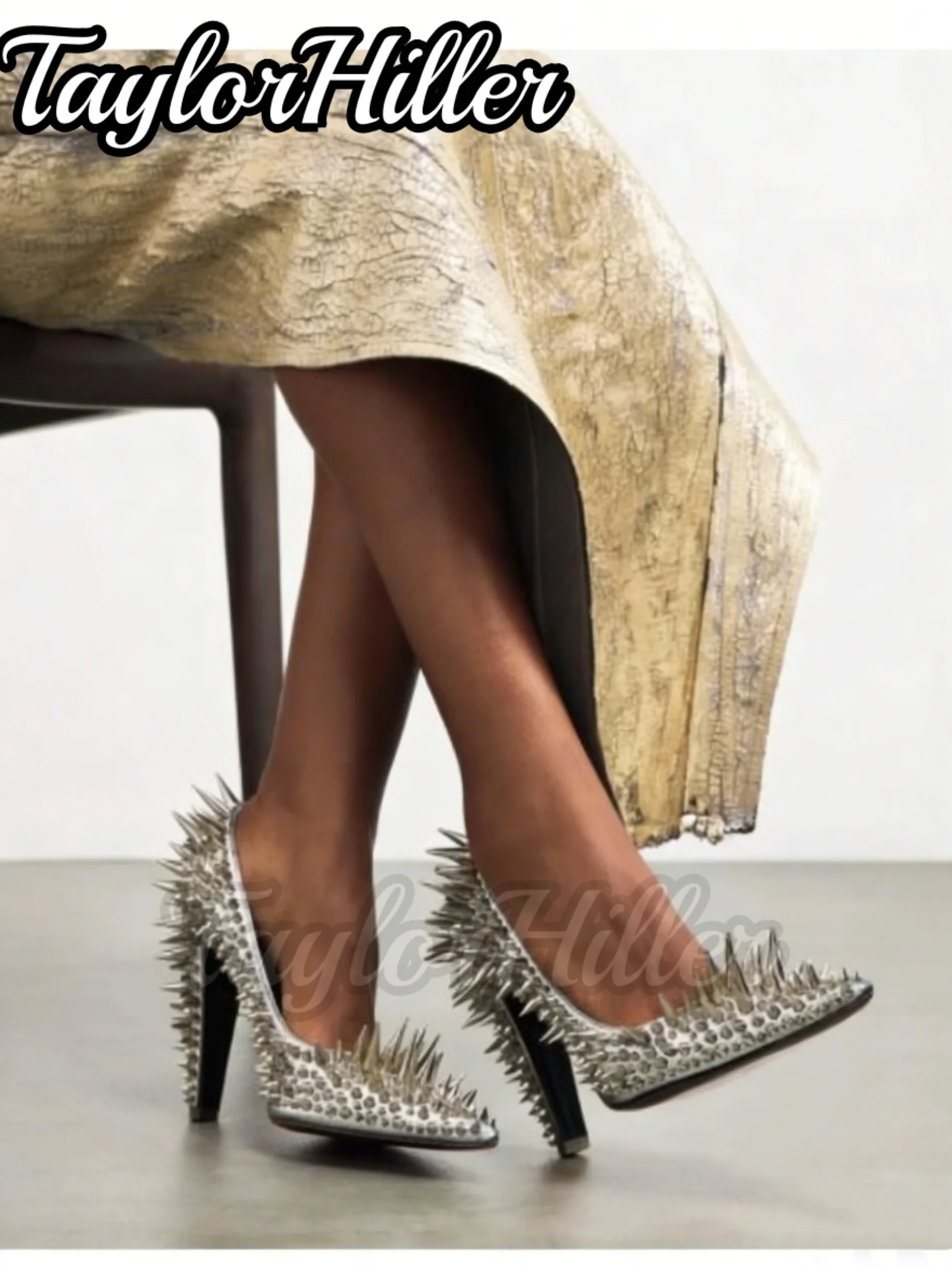 Silver Rivets Spike Heel Pumps Pointy Toe Shallow Slip On High Heels Women Luxury Designer Spring Summer Shoes 2026 New Trend