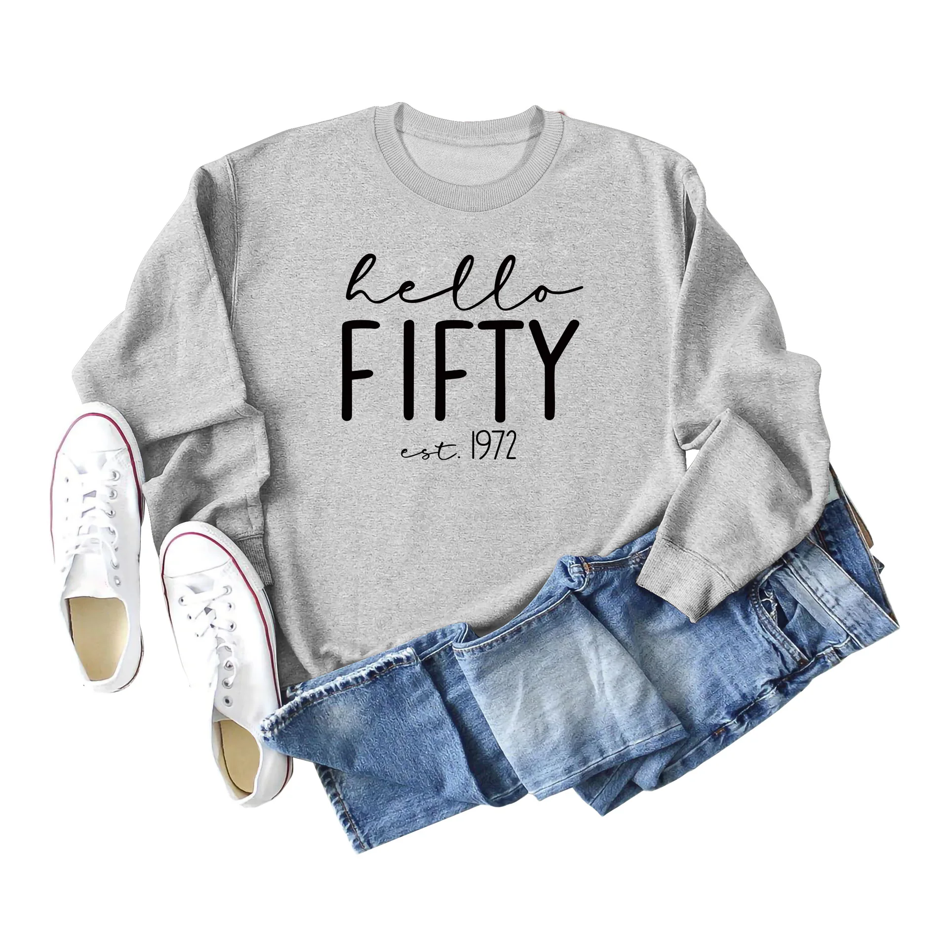 

Women's Fall and Winter Hello Fifty Est 1972 Letter Print Casual Round Neck Sweatshirt Women Top