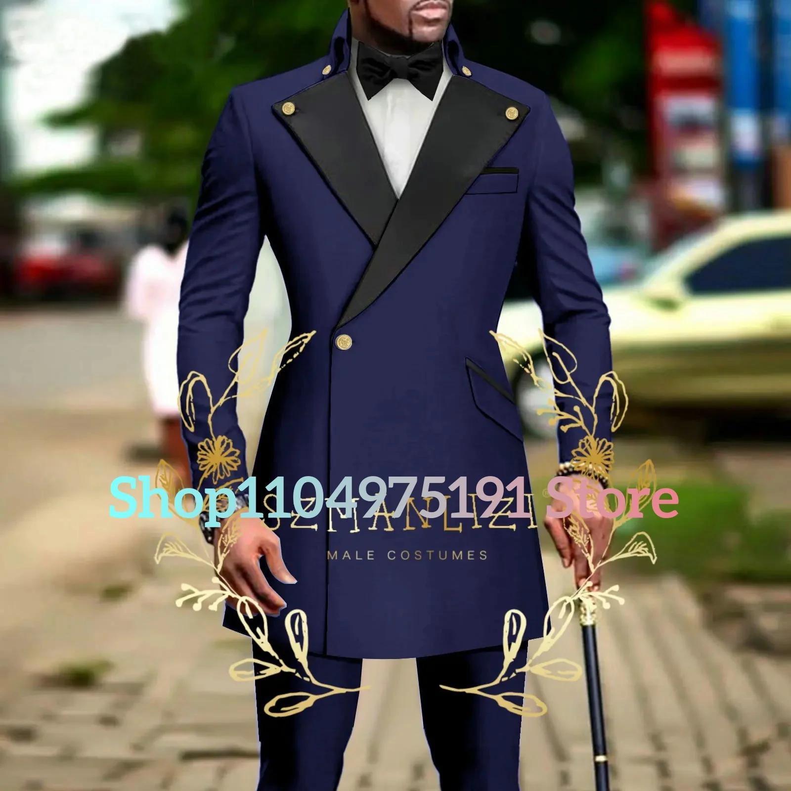 Fashion Double Breasted Long Blazer Men Suit 2 Piece Groomsmen Peak Lapel Outfits Formal Party Prom Wedding Set Suits For Men 
