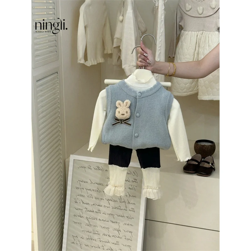 

NL-Girls' Blue Rabbit Vest Lace Leggings Suit24Spring and Autumn Baby Girls' Western Style Vest Three-Piece Set