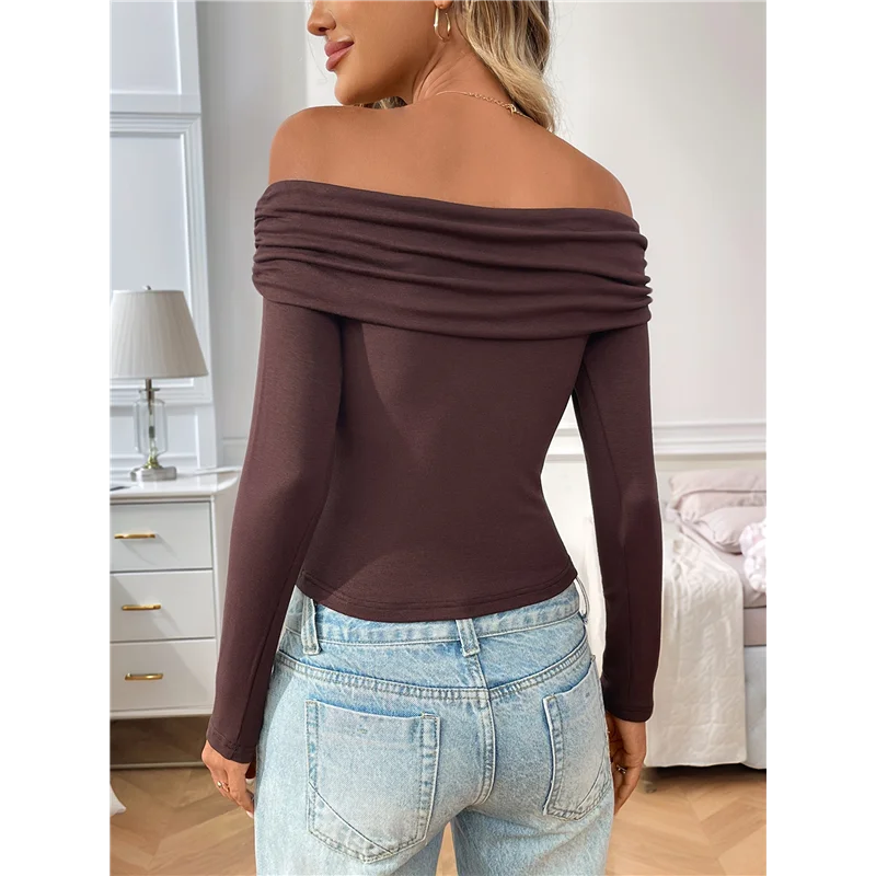 

【SEE】Womens Long Sleeve Off Shoulder Shirts Tight Fitted Y2K Ruched Tee Tops Blouses 2025 Trendy Outfits