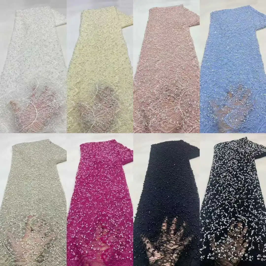 African Sequins Embroidery Lace Fabric 2026 High Quality Lace 5Yards Beaded French Lace Fabric Nigerian Fabrics Party Dresses