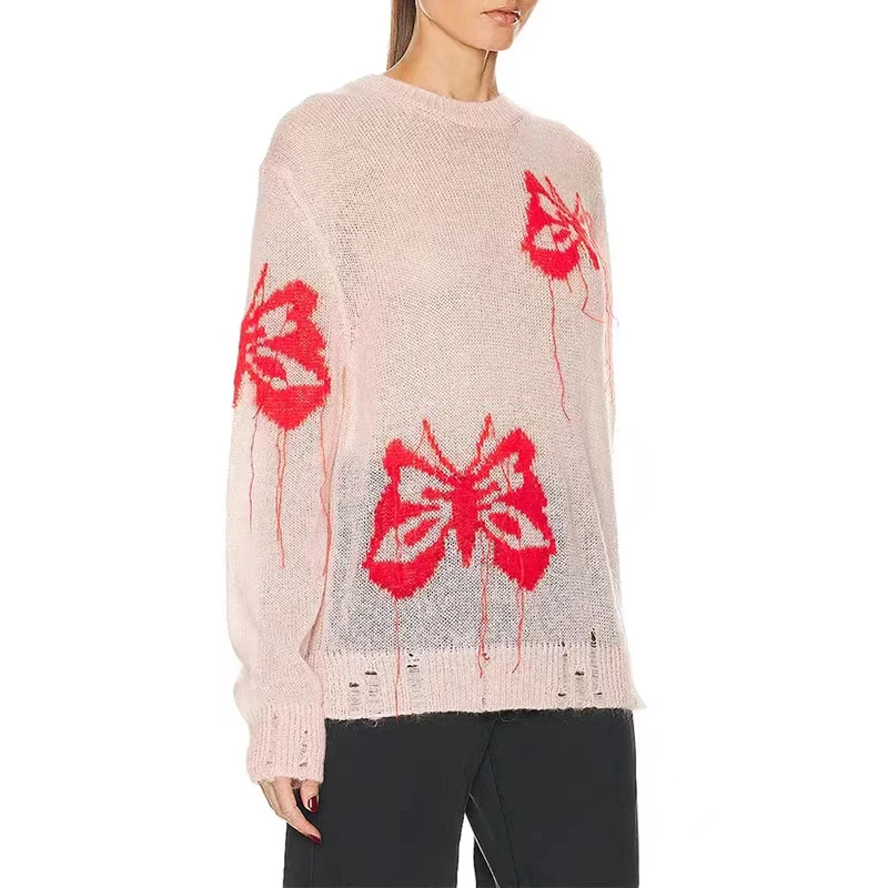 Broken hole butterfly embroideryWomen's sweater fashionable high street fall and winter loose versatile mohair knitted sweater