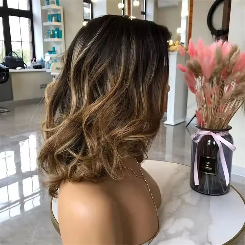 14 بوصة شعر مستعار بني شوكولاتة الكتف موجة فضفاضة الاصطناعية الدانتيل شعر مستعار أمامي تسليط الضوء على الألياف الاصطناعية قسط ارتداء اليومي #4