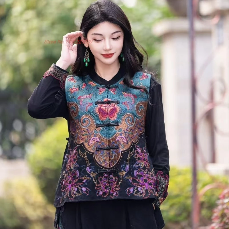 2025 chinese vintage satin jacquard folk vest national flower embroidery stand collar vest hanfu tops oriental sleeveless jacket