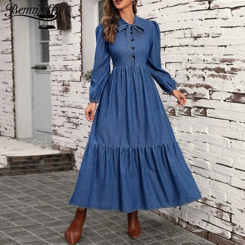

Benuynffy Bow Tie Neck Ruffle Hem Denim Dress Women's Spring Fall Vintage Half Button Puff Sleeve Elegant High Waist Long Dress