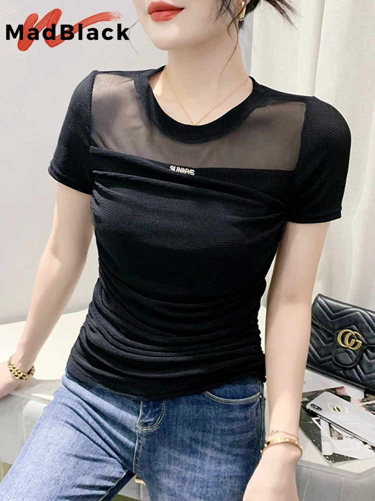 

MadBlack Summer European Clothes Round Collar Tshirts Female Sexy Ruched Heart Patchwork Slim Tops Short Sleeves Tees T35226C