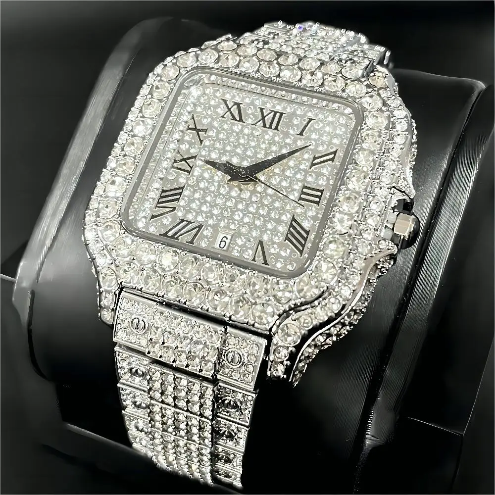 

MISSFOX Ice Out Square Wristwatch For Men Top Brand Luxury Full Diamond Mens Watches Waterproof Hip Hop Clock Hot Sale For Gift