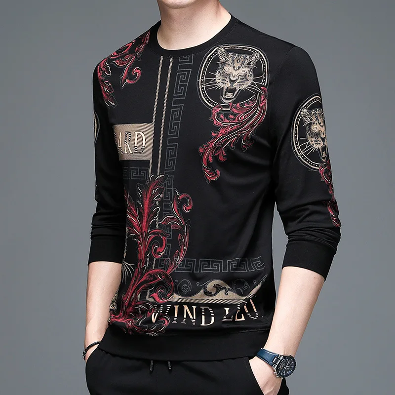 Spring and Autumn Men's Pullover Round Neck Animal Letter Printing Rhinestone Long Sleeve Sweater T-shirt Fashion Casual Tops