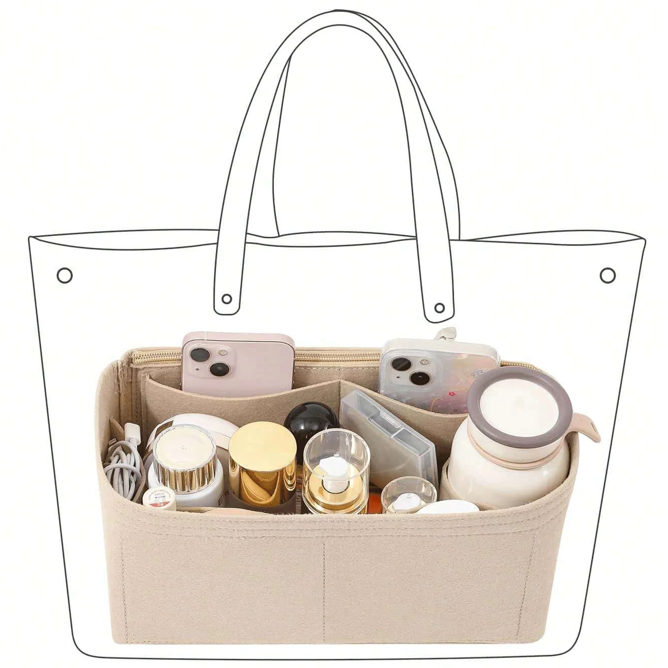 Felt Tote Bag Organizer Insert with Zipper, Multi-Pocket Handbag Divider for Longchamp, Neverfull, Speedy Tote Bag Storage