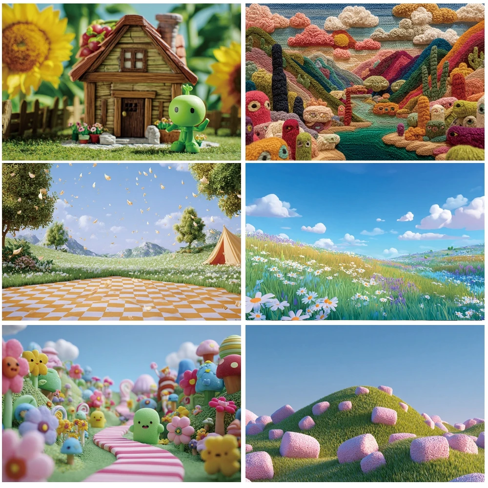 

MOON.QG Birthday Photo Background Cloud Hills Towns Candy Tunnels Backdrop Decoration Children Portrait Photography Accessories