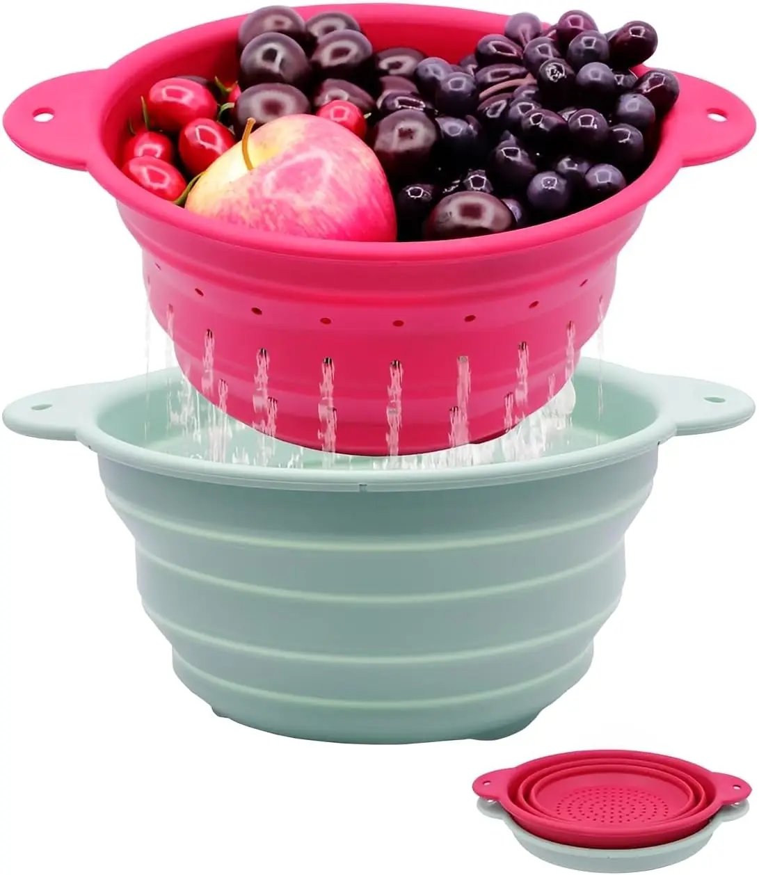 Collapsible Silicone Colander Bowl Set,BPA Free, Heat Resistant, Stainless Steel Nesting, Portable Washing Basket Strainer Drain