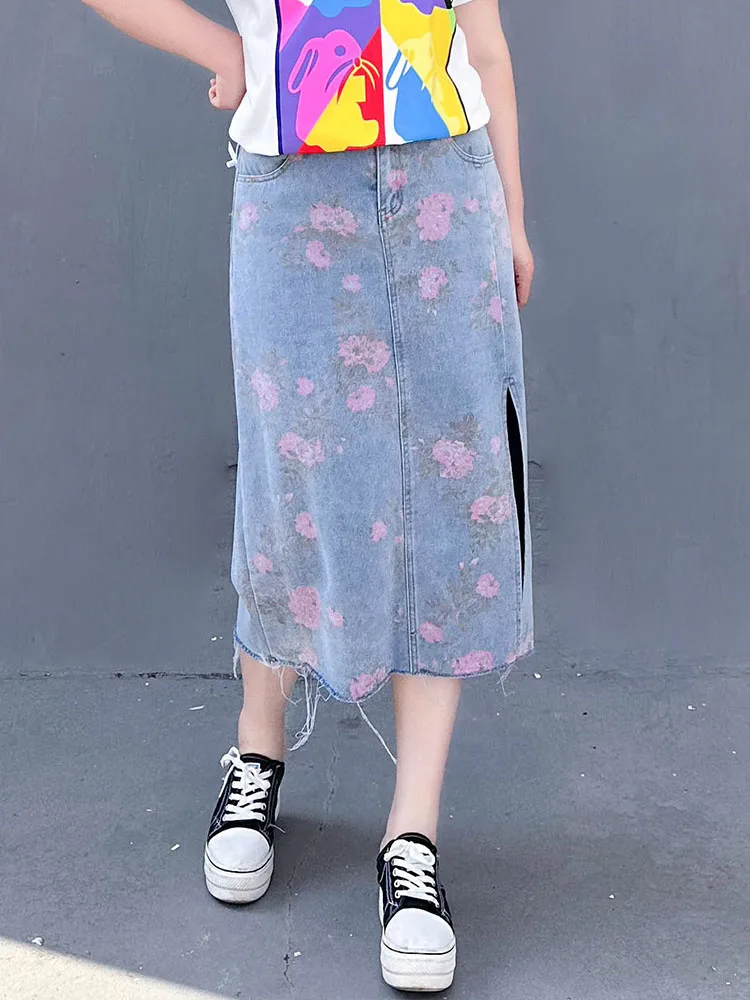 

Джинсовая юбка А-силуэта с высокой талией для полных женщин, летняя, с цветочным принтом, длинная, скрывающая живот, стройнящая, для фигуры типа «груша»