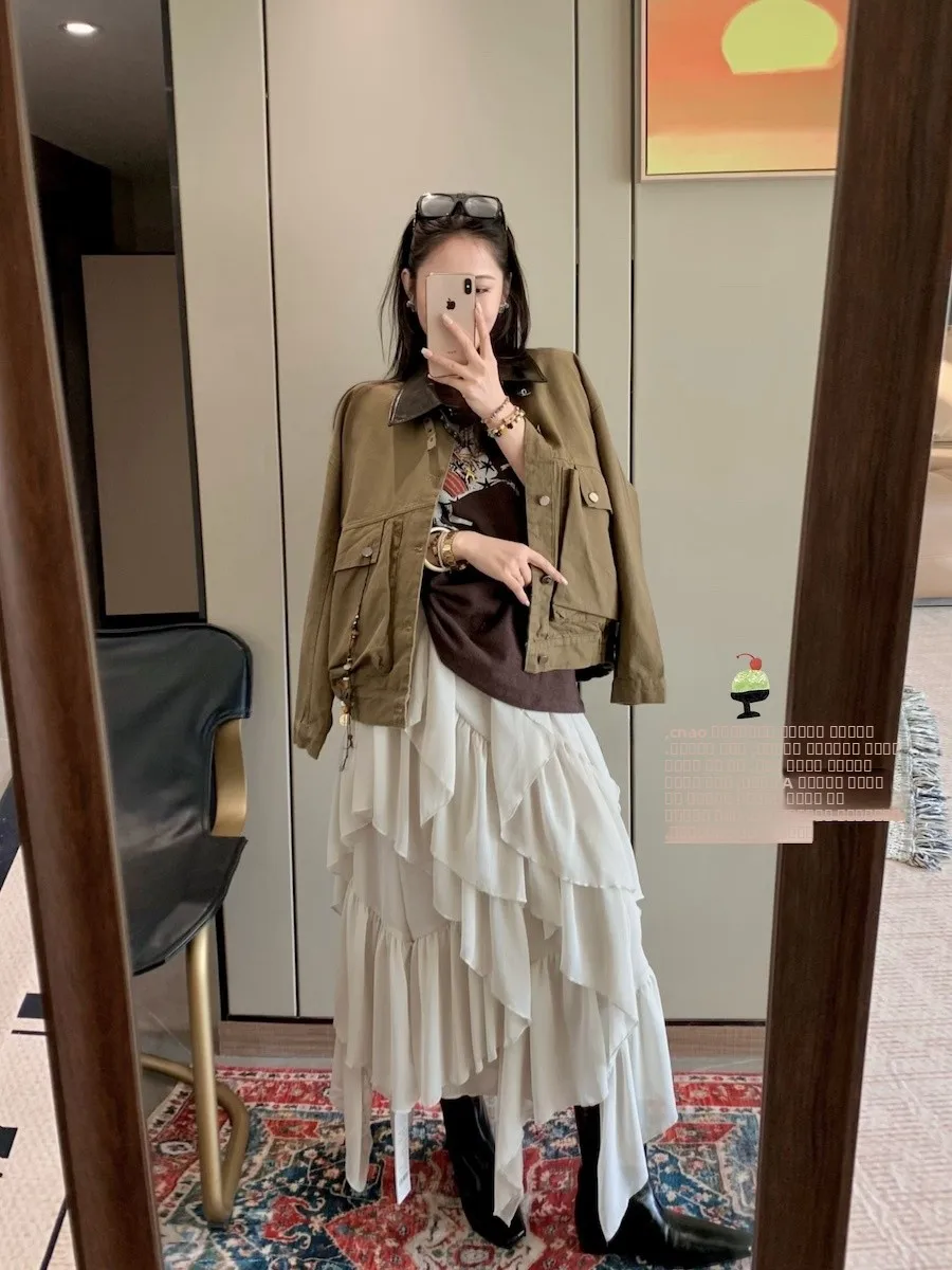 

Юбка Moizj Spring с высокой талией, асимметричная, с оборками, эластичная, женская, с кружевной отделкой, драпированная, миди, повседневная, из мягкого глянцевого полиэстера...