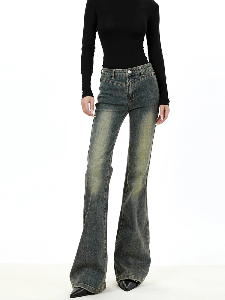 

Американские джинсы-клеш в стиле ретро с эффектом потертости, средней посадки, женские, эластичные, стройнящие, длинные леггинсы, повседневная одежда, на все сезоны