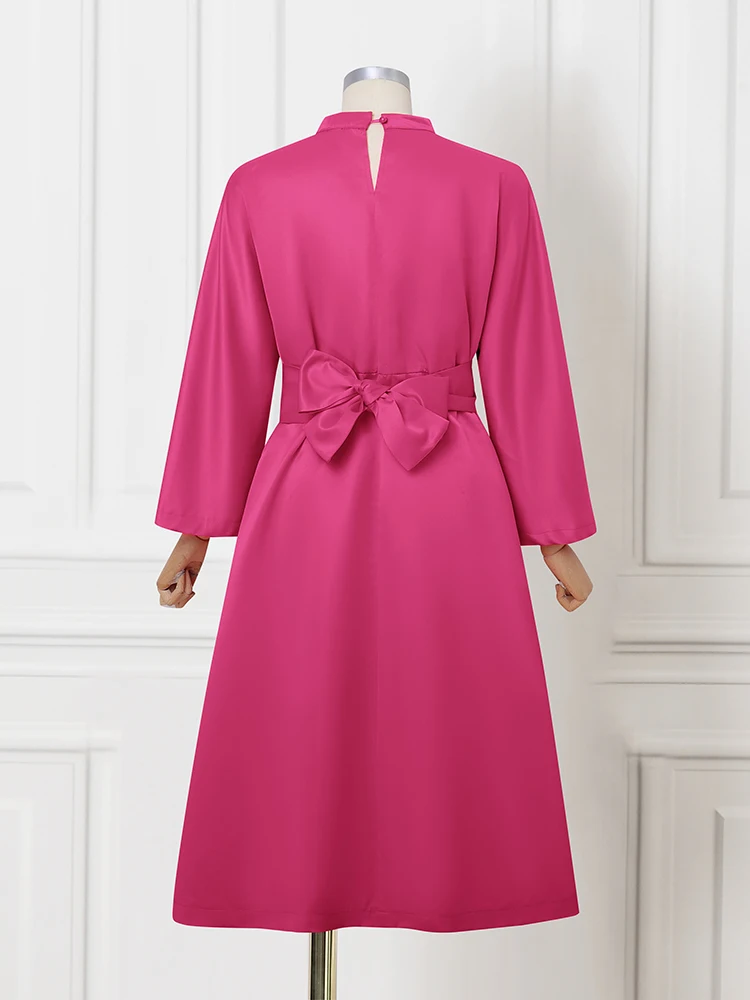 Plus Size Women Dress Solid Elegant Belt Work OL Sundress VONDA 2025 Fashion 3/4 Sleeve Mid-Calf Vestidos Autumn Loose Robe