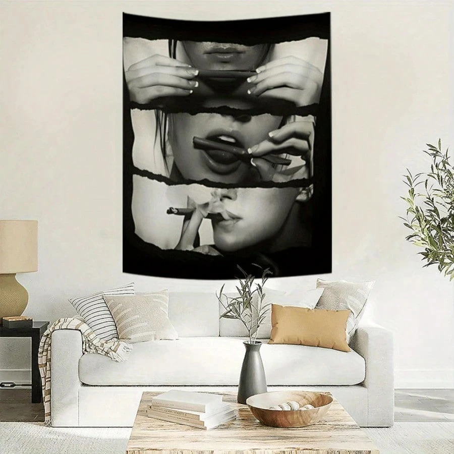 1pc Black & White Collage Tapestry, Grunge Aesthetic Wall Hanging, Cool Room Stuff, Large Size, Polyester 2D Print, Bedroom Stuf