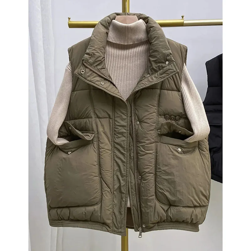 

Downy Cotton Vest Jacket Women's 2025Autumn Winter New Loose European Wear Sleeveless Coat With Stand Collar Waistcoat Outerwear