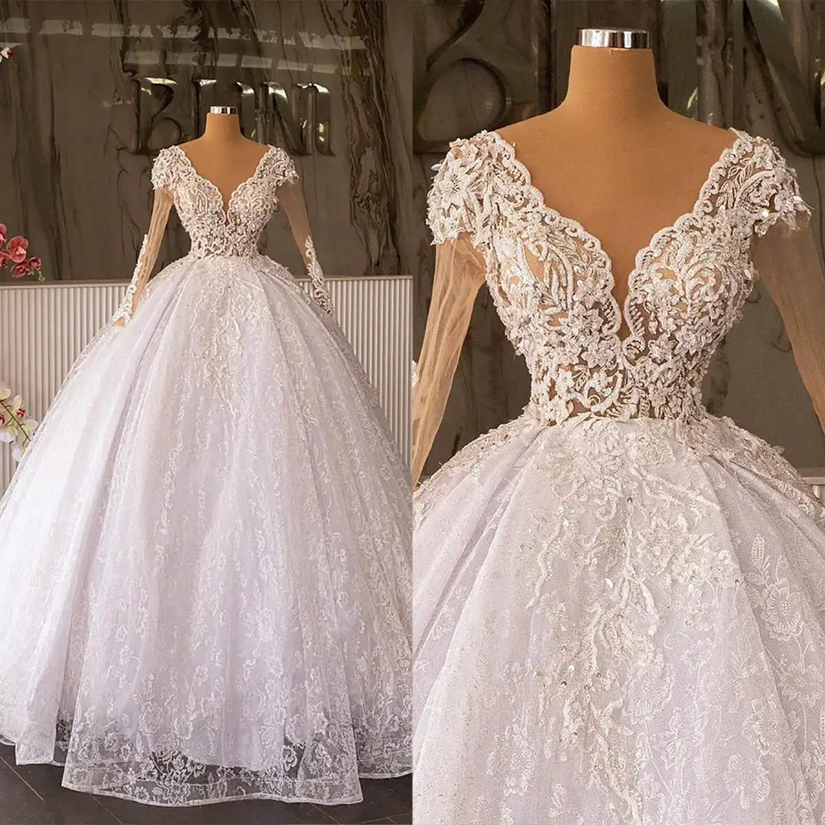 Lace Ball Gown Wedding Dress V Neck Nude Long Sleeve Appliques Bridal Gowns Tailored Bride Dresses Robe De