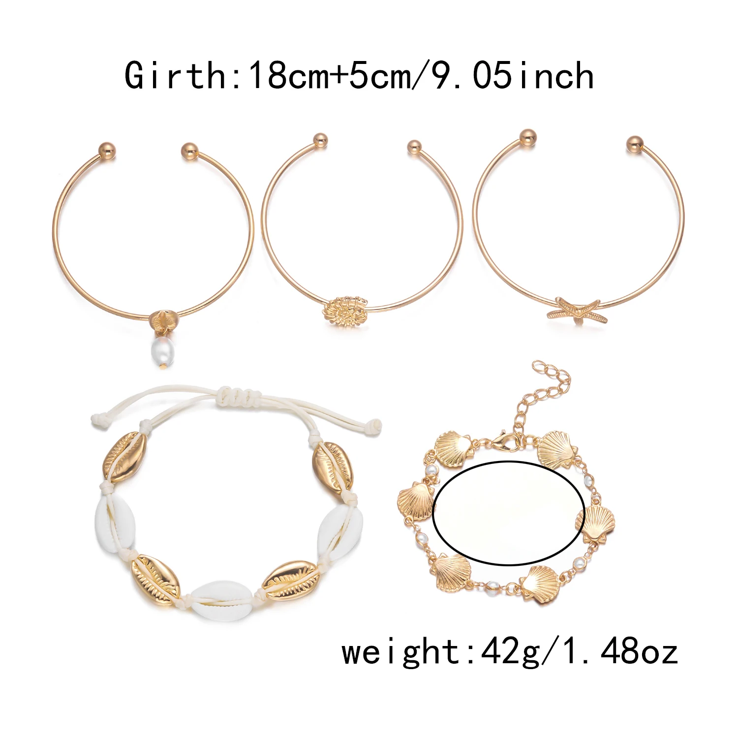 5-teiliges Set Sommer-Armreifen in Goldfarbe mit Seestern- und Muschelmotiven für Damen, Modische Meeres-Elemente, Trendige Strandparty-Schmuckstücke – Detail 9