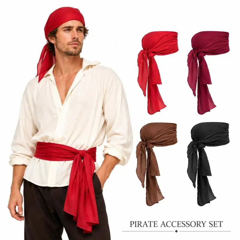 Medieval Renaissance Cosplay Accessory Set Pirate Head Wrap Scarf Long Tie Waist Sash Belt for Halloween Party Role Play