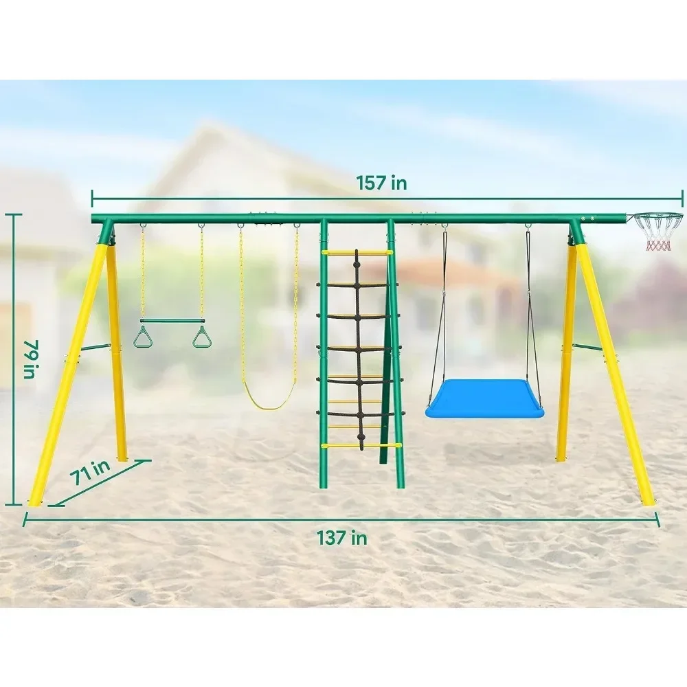 Heavy-Duty Metal Swing Sets for Backyard With 2 Swings Outdoor Furniture Climbing Ladder and Nets 6 in 1 Swing Sets Garden