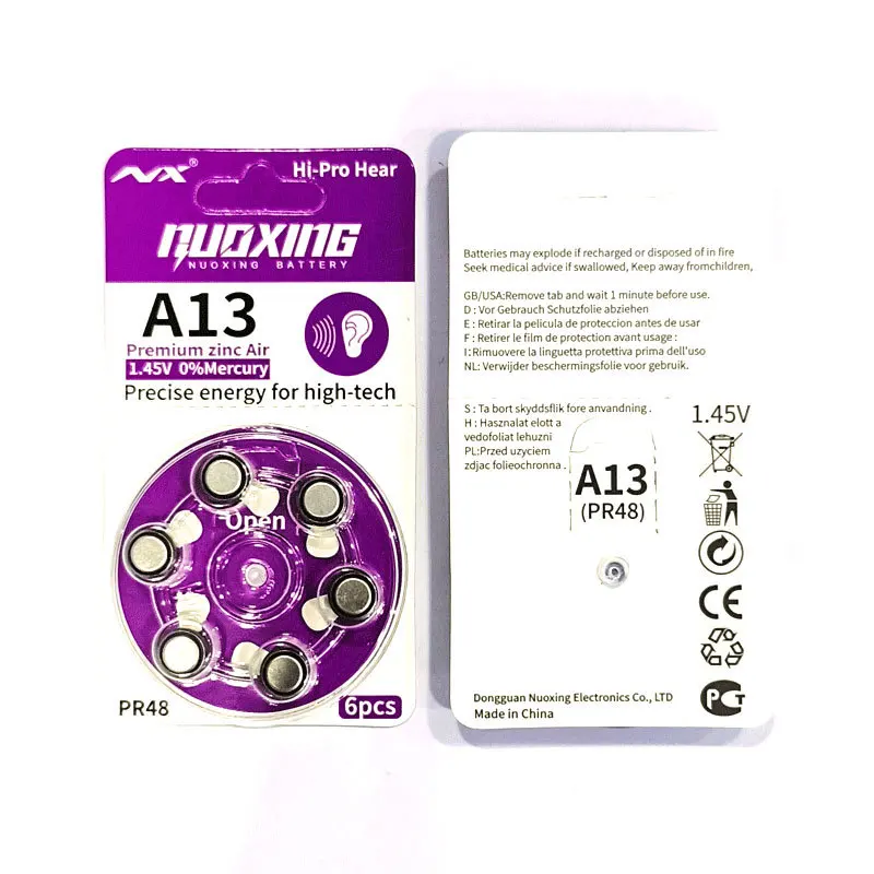 Gehoorapparaatbatterijen 60 STKS / 10 Kaarten PEAK 1,45 V 13A A13 13 P13 PR48 Zinkluchtbatterij para AHO CIC RIC OE Hoor
