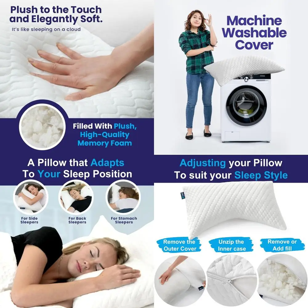 

Подушки из пены с эффектом памяти размера Queen для сна на боку и на спине - регулируемая поддержка, настраиваемая высота, дополнительная пена в комплекте (белые)