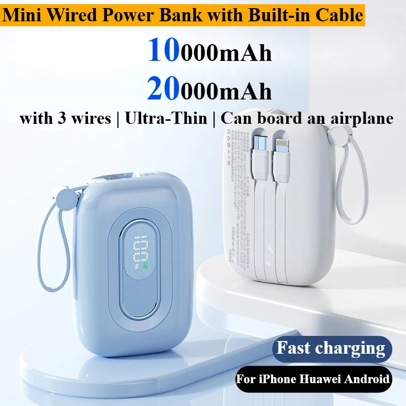 Mini banco de energía portátil de Ultra capacidad, 10000/20000mAh, con Cable incorporado, batería compacta de carga rápida para Huawei, Apple y Android