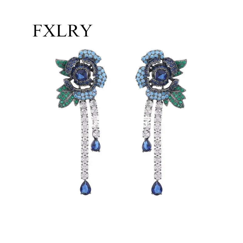 

FXLRY Romantic Exaggerated Long Water Drop Zircon Luxury Flower Earrings For Women Wedding Jewelry