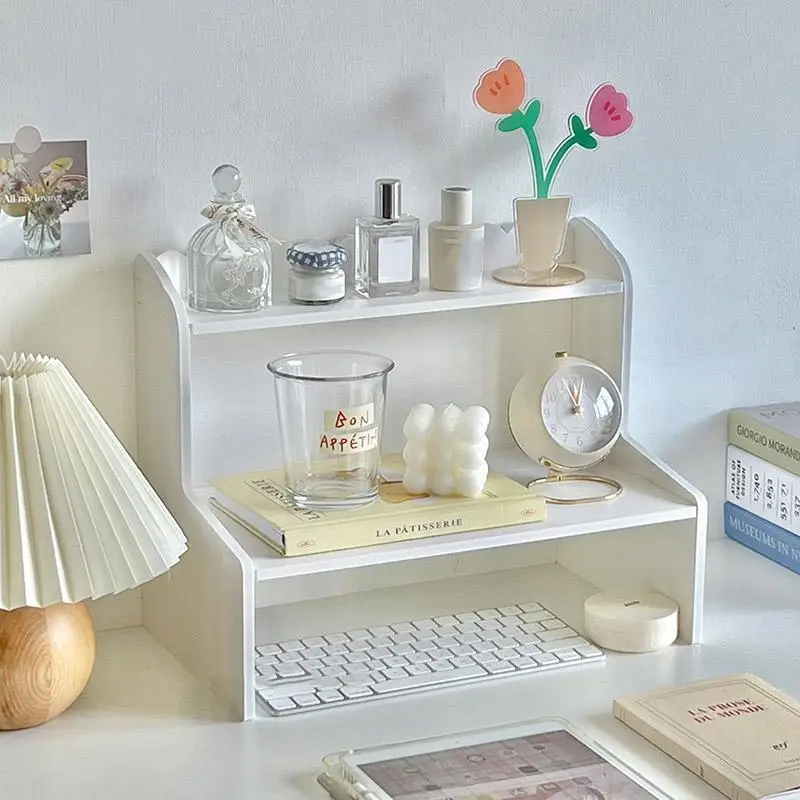 2-Tier Desktop Organizer Shelf Double Layer Storage Rack Multi-Functional Desk Accessories Makeup Cosmetic Holder Space Saving Stationery Stand for Student Dormitory Home Office Table Workspace Organization view 7
