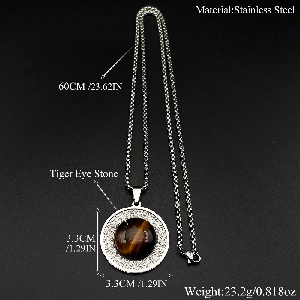 Witch Celtic Irish Knot Tiger Eye Stainless Steel Gold Color Round Pendant Necklaces for Women Men Natural Stone Chain Jewelry - view 6