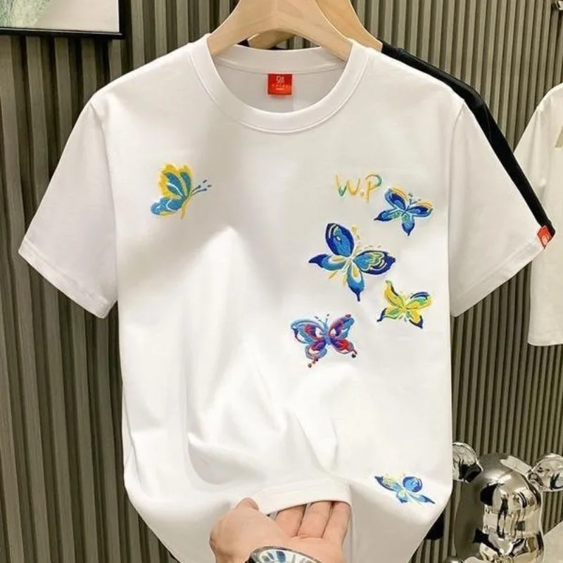 

Foufurieux 2025 Butterfly Embroidery New High End Design Youth Short Sleeved T-shirt Fashion Trendy Brand Half Sleeved Top