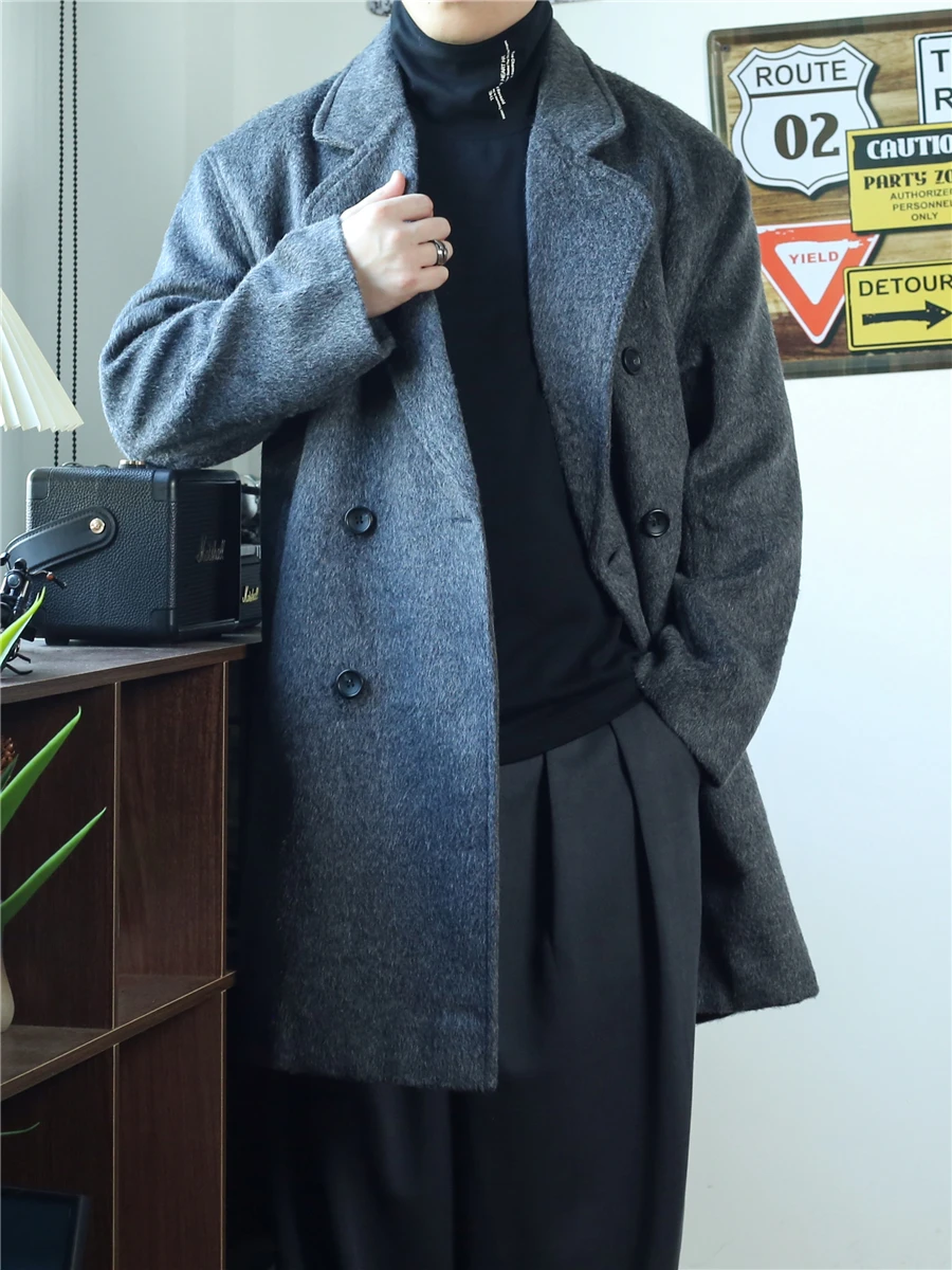 

Briti Sle Men's Mid-Length Baren Woolen Coat Loose Fit Double-Breasted ey Woolen Jaet Faionable Winter Outerwear