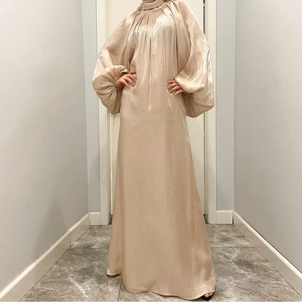 YZZ Muslim Woman Dress Middle East Dubai Abaya Lantern Sleeve Bright Silk Turkey Dresses 2022 Luxury Evening Dress