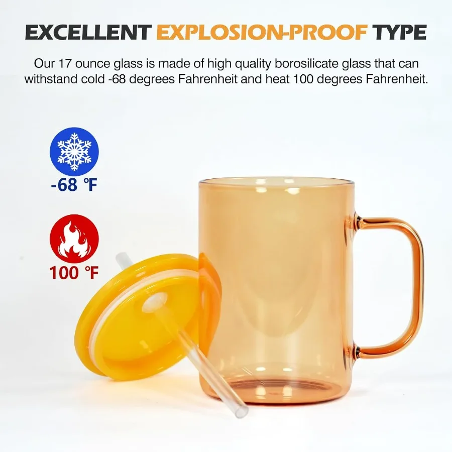 فراغات زجاجية للتسامي سعة 15 أونصة مع غطاء ملون وقش، 25 عبوة من أكواب زجاجية للتسامي بمقبض، بوروسيليكات قابلة للتسامي #4