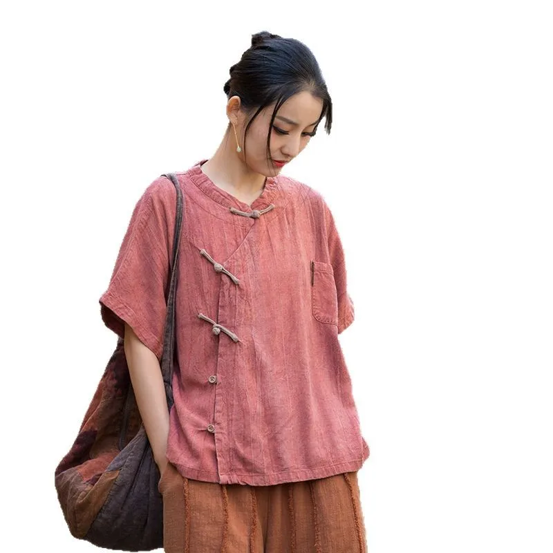 Autumn Linen Blouse: Tie-Dye, Hand-Stitched, Diagonal Placket & Frog Buttons, Designer New Chinese Style.