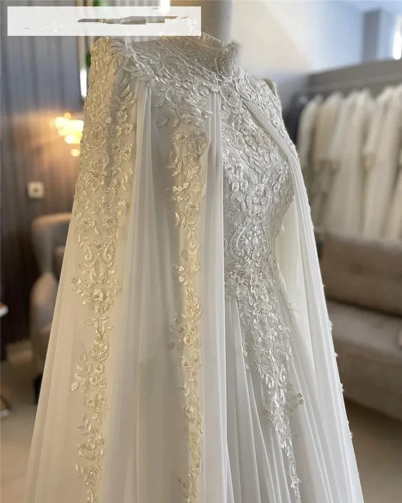 Caftan musulman robes de mariée avec Cape en mousseline de soie dentelle Appliques turky caftan jardin moyen-orient robes de mariée personnalisées