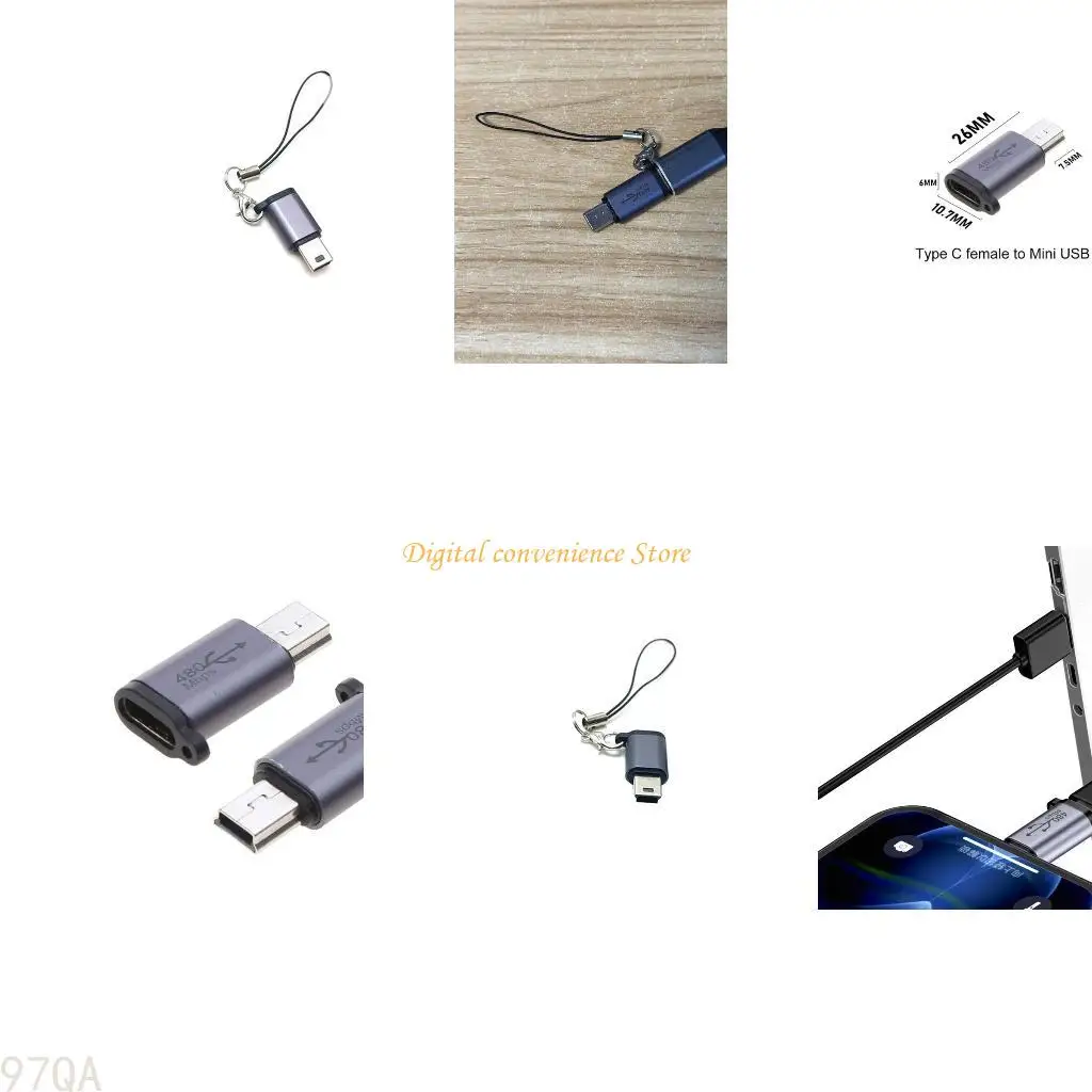 

97QA Universal Adapter Female Type-C to Male Mini USB Converter with Lanyards Strap