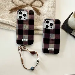 Ins Check Coffee Brown Cover For Iphone 15ProMax 16Pro 14 16 13 15 Pro Max 15Pro 14ProMax 13ProMax Shiny Glacier Rope Phone Case