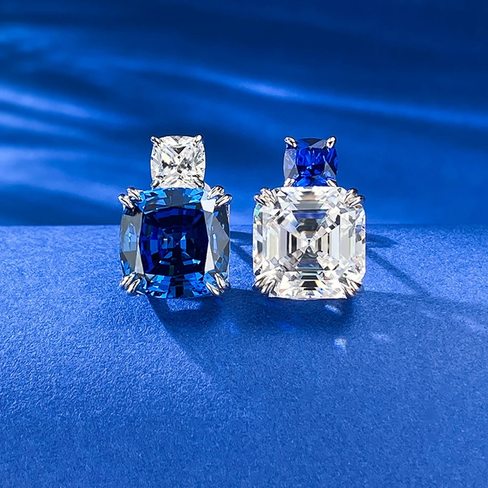 PuBang Fine Jewelry 925 Sterling Silver Blue/White Sapphire Stud Earrings Created Moissanite for Women Party Gifts Drop Shipping