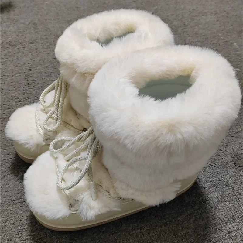 2024 Winter Boots Women Short Ankle Snow Boots Faux Rabbit Fur Boots Woman Casual Lace-up Platform Waterproof Cotton Ski Boots M