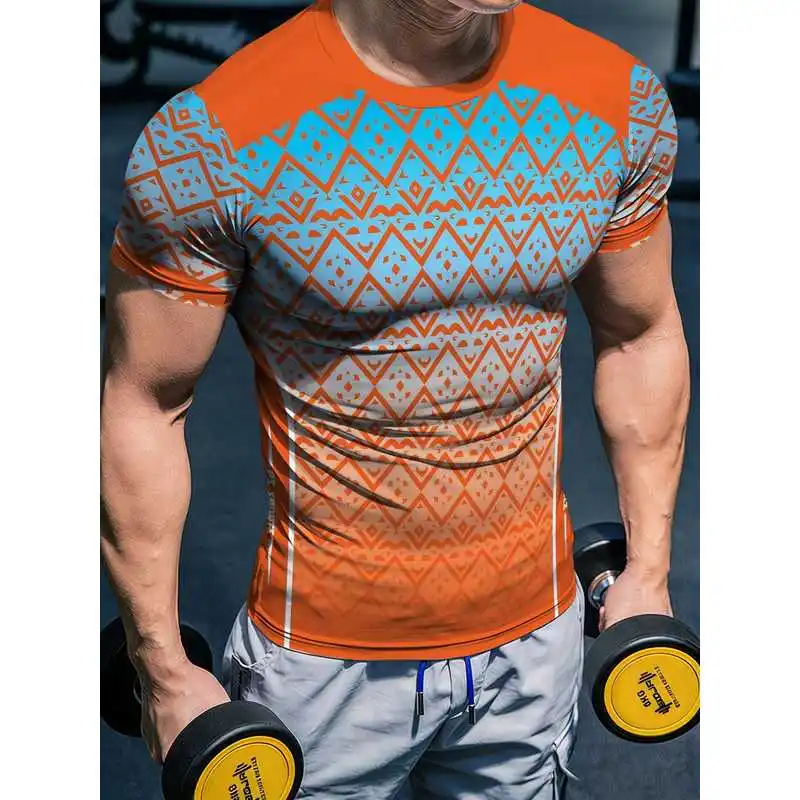 Men's High-Stretch Quick-Dry Tribal Fitness Top Gradient Geometric Short Sleeve Tight Muscle-Defining Moisture-Wicking Breathabl