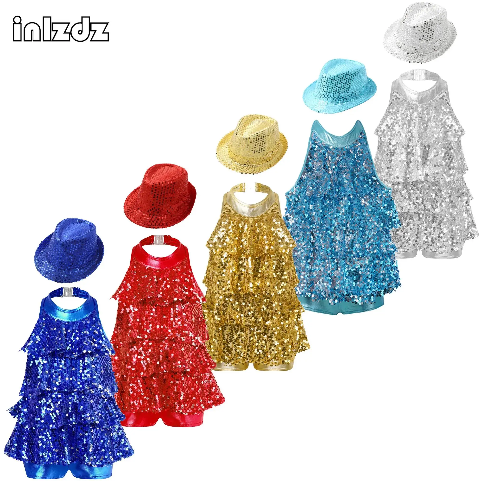 

Teen Girls Halter Shiny Sequins Ballet Dance Shorty Unitard Dress+Hats Set for Modern Jazz Latin Chacha Samba Dance Performance