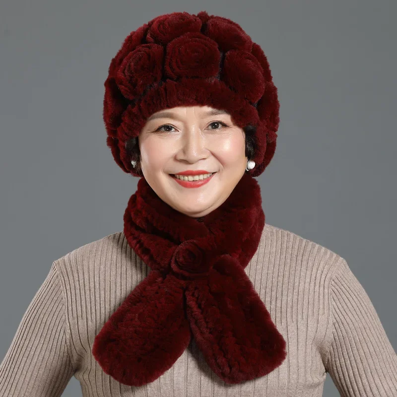 New Women Winter Fur Hat Scarf Sets Natural Warm Real Rex Rabbit Fur Cap Scarves Lady Knitted Warm 100% Genuine Fur Hats Muffler