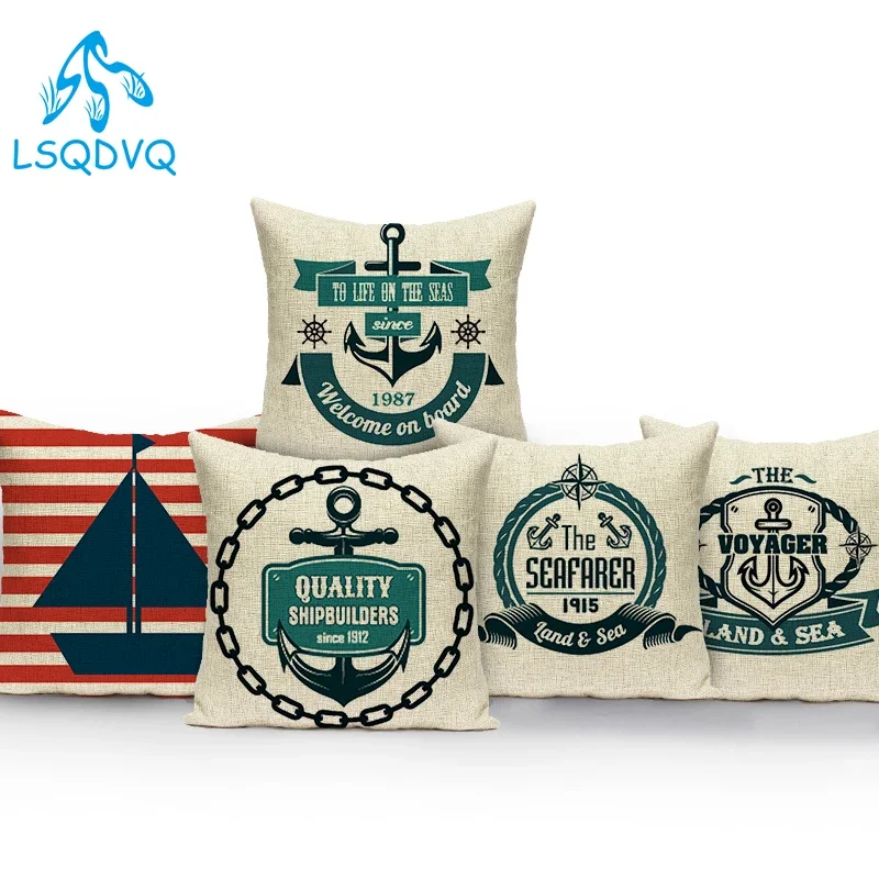 Vintage Style World Map Mediterranean Sailing Lifebuoy Anchor Polyester Pillow Cover Case Decoratives Sofa Home Cushion Cover